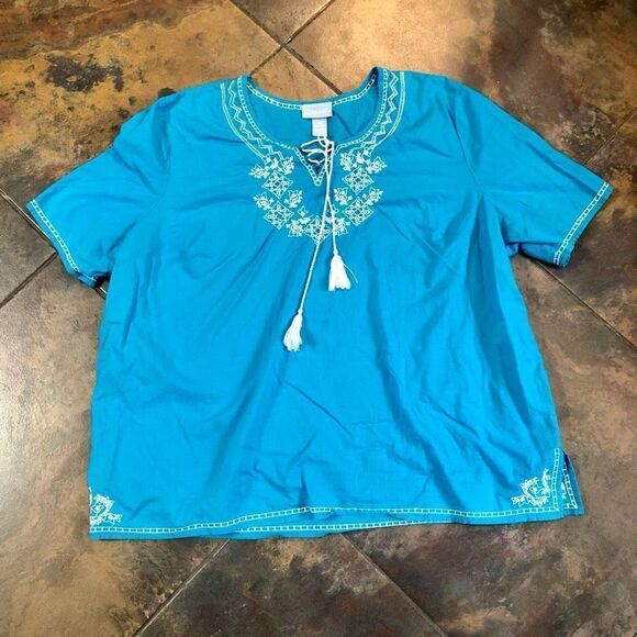 Liz & Me Blue V-neck Lace-up Embroidered Beads Short Sleeve Blouse 2X (22/24 W) - Picture 10 of 16